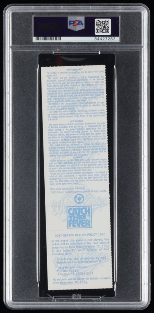 Nolan Ryan Signed 1993 World Series Ticket - Autograph Graded (PSA) 10