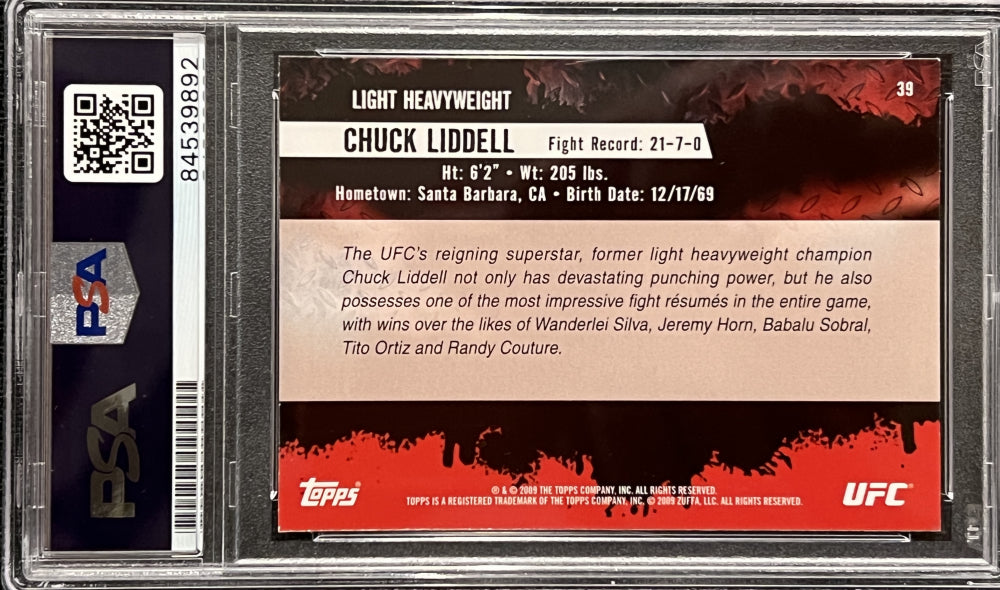 Chuck “The Iceman” Liddell Signed 2009 Topps UFC Round 2 Rookie #39 Inscribed “HOF 09” (PSA) - Rookie Card