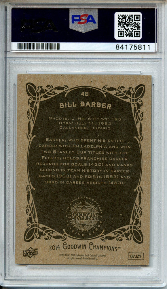 Bill Barber Signed 2014 Upper Deck Goodwin Champions #48 (PSA)