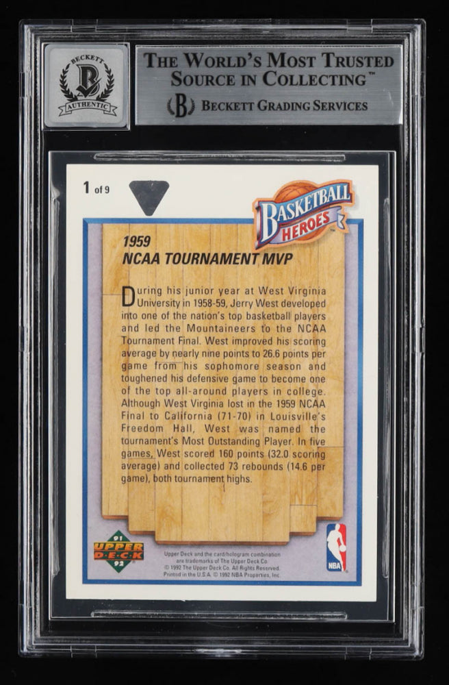 Jerry West Signed 1991-92 Upper Deck Jerry West Heroes 1959 NCAA Tournament MVP #1 - Autograph Graded BGS 10