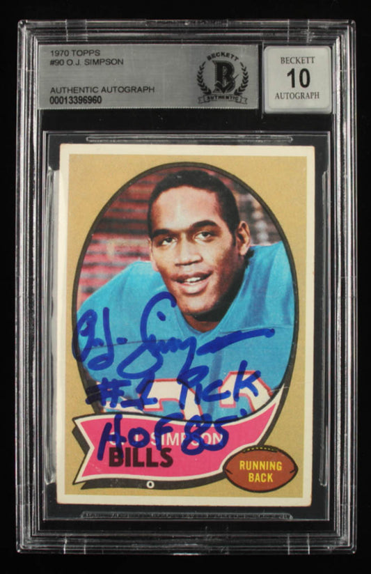 O.J. Simpson Signed 1970 Topps #90 Inscribed "HOF 85" - Autograph Graded Beckett (BGS) 10 - Rookie Card