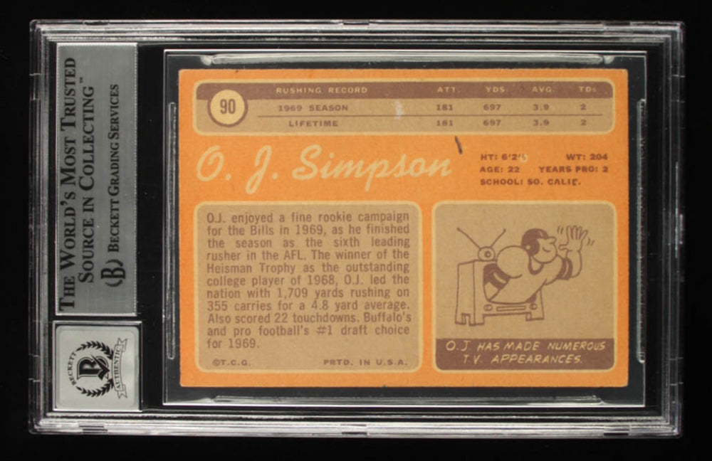 O.J. Simpson Signed 1970 Topps #90 Inscribed "HOF 85" - Autograph Graded Beckett (BGS) 10 - Rookie Card