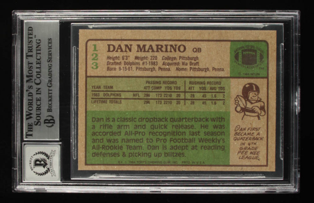Dan Marino Signed 1984 Topps #123 PB - Autograph Graded Beckett (BGS) 10 - Rookie Card