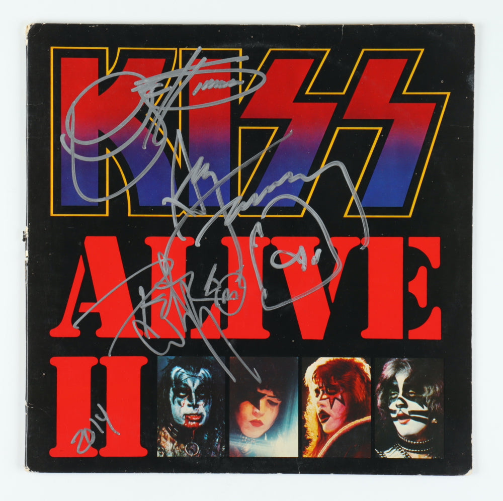 Gene Simmons, Peter Criss & Ace Frehley Signed (AutographCOA) Kiss "Alive II" Vinyl Record Album With Hand-Drawn Sketch Inscribed "2014"
