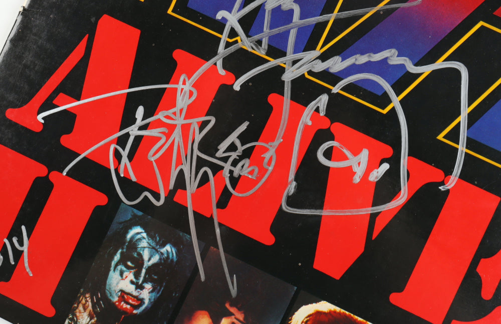 Gene Simmons, Peter Criss & Ace Frehley Signed (AutographCOA) Kiss "Alive II" Vinyl Record Album With Hand-Drawn Sketch Inscribed "2014"
