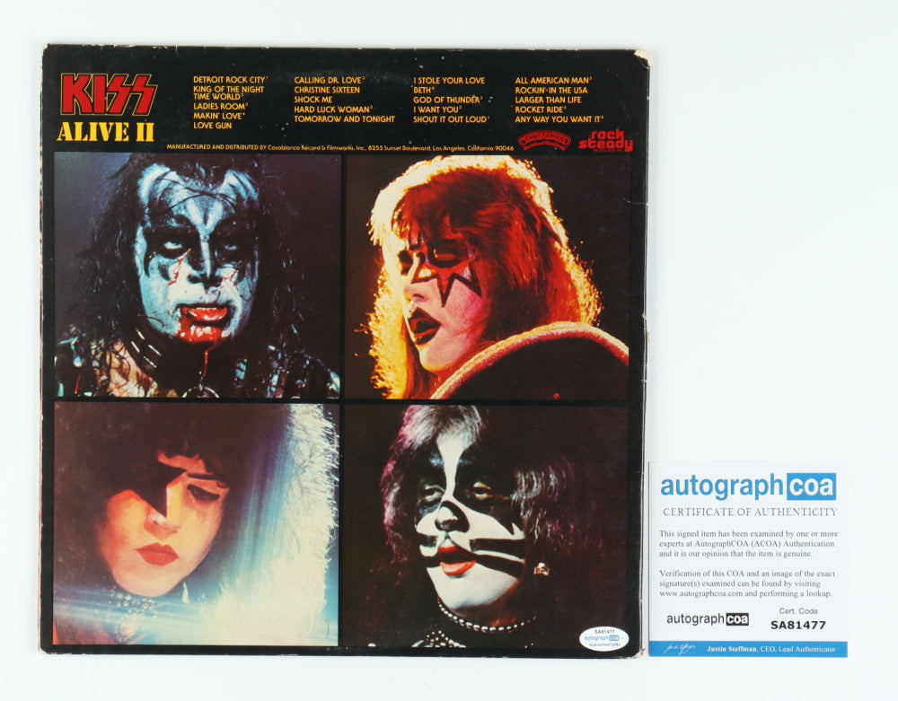 Gene Simmons, Peter Criss & Ace Frehley Signed (AutographCOA) Kiss "Alive II" Vinyl Record Album With Hand-Drawn Sketch Inscribed "2014"