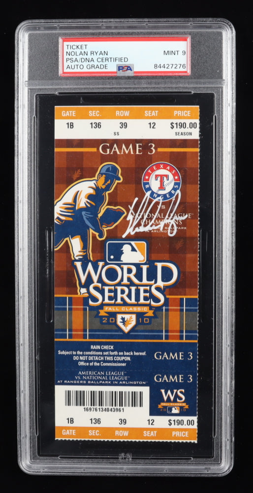 Nolan Ryan Signed 2010 World Series Game Ticket - Autograph Grade PSA 9