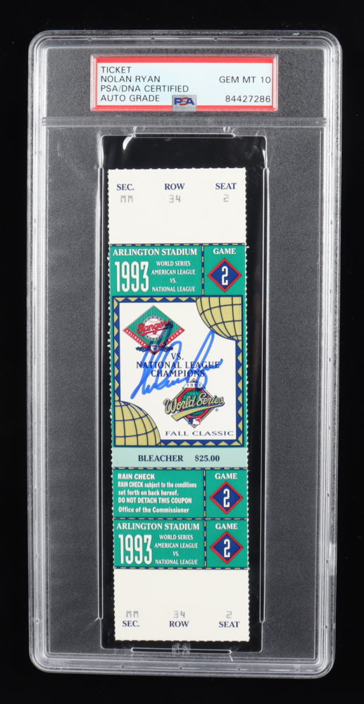 Nolan Ryan Signed 1993 World Series Ticket - Autograph Grade PSA 10