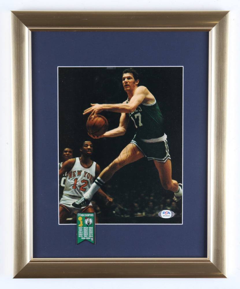 John Havlicek Signed (PSA) Celtics 13x16 Custom Framed Photo Display with Celtics Championship Mini Metal Banner