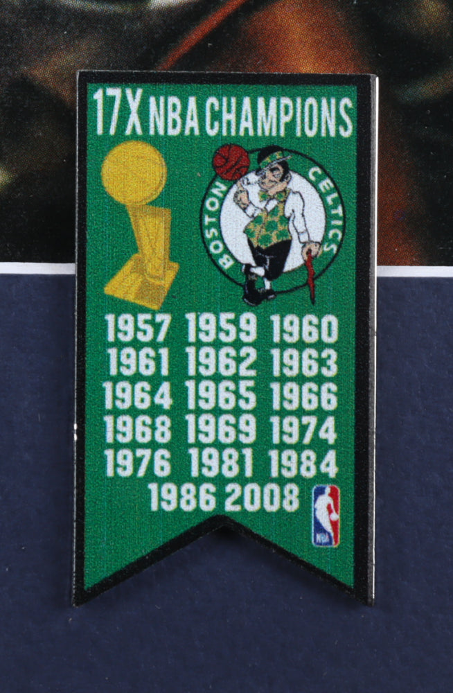 John Havlicek Signed (PSA) Celtics 13x16 Custom Framed Photo Display with Celtics Championship Mini Metal Banner