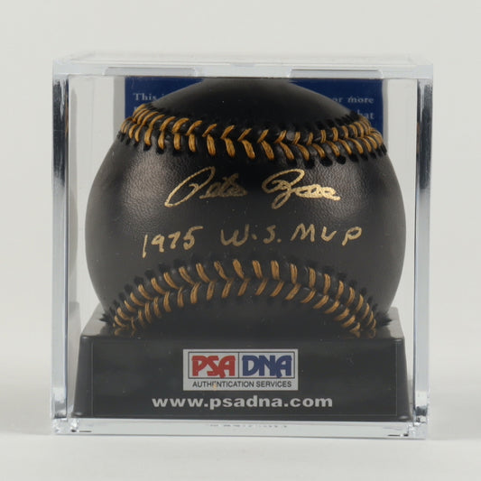 Pete Rose Signed (PSA) OML Black Leather Baseball Inscribed "1975 W.S. MVP" w/ Display Case - Overall Grade 10 / Autograph Grade 10 / Baseball Grade 10