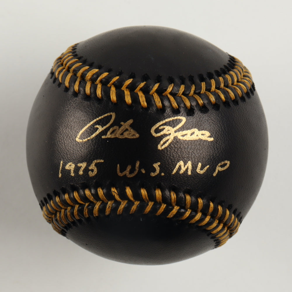 Pete Rose Signed (PSA) OML Black Leather Baseball Inscribed "1975 W.S. MVP" w/ Display Case - Overall Grade 10 / Autograph Grade 10 / Baseball Grade 10