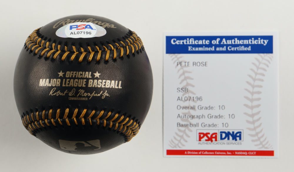 Pete Rose Signed (PSA) OML Black Leather Baseball Inscribed "1975 W.S. MVP" w/ Display Case - Overall Grade 10 / Autograph Grade 10 / Baseball Grade 10