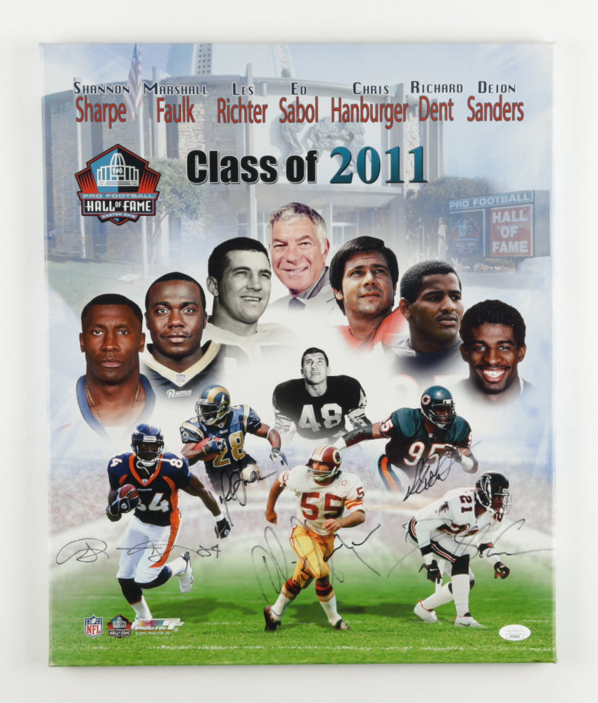 Hall of Fame Class of 2011 16x20 Print on Canvas Signed (JSA) by (5) with Shanon Sharpe, Marshall Faulk, Chris Hanburger, Richard Dent & Deion Sanders