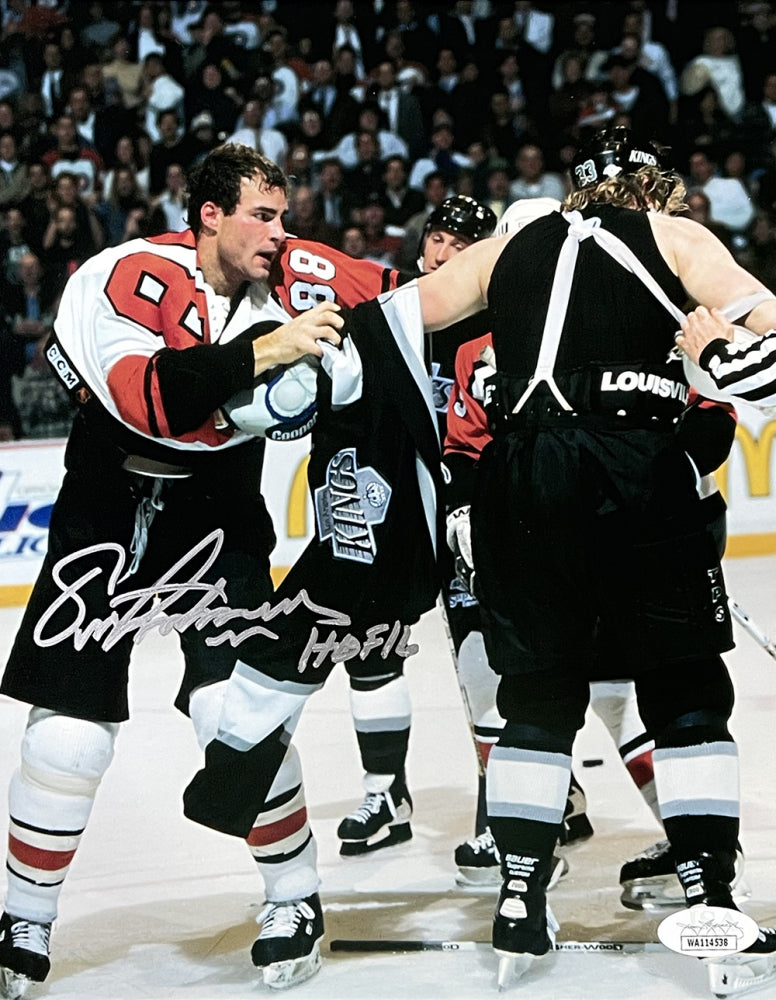 Eric Lindros Signed (JSA) Flyers 8x10 Photo Inscribed "HOF 16"