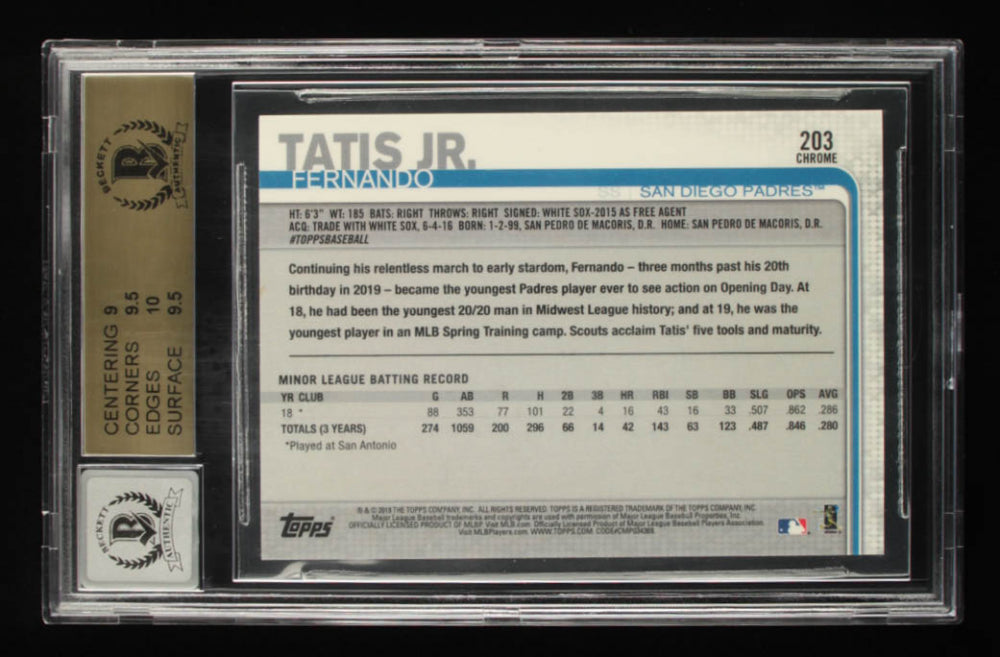 Fernando Tatis Jr. Signed 2019 Topps Chrome #203 (BGS) 9.5 - Autograph Graded Beckett (BGS) 10 - Rookie Card