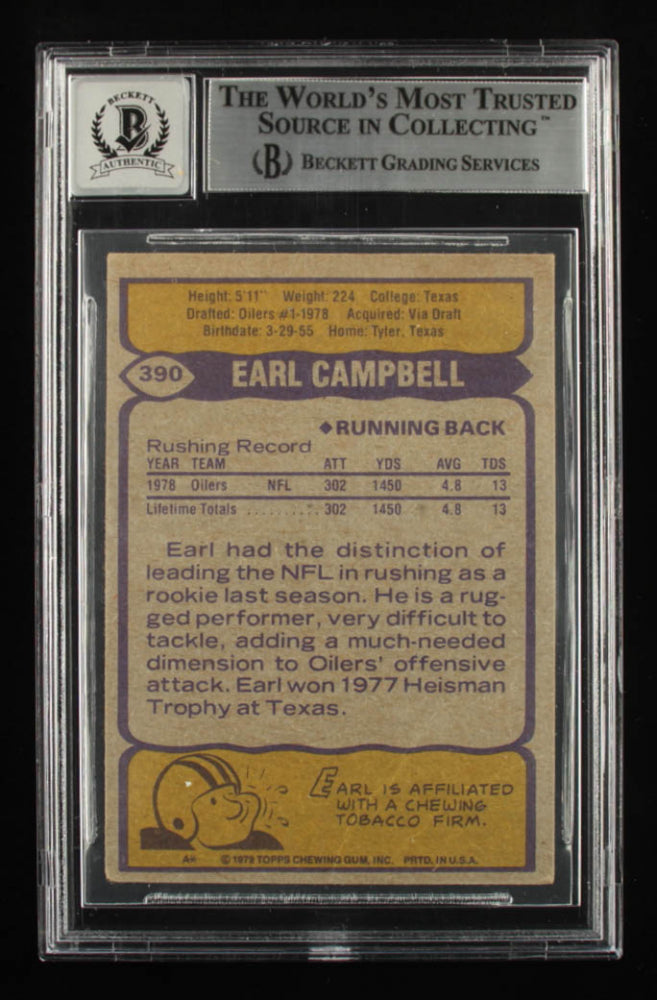 Earl Campbell Signed 1979 Topps #390 Inscribed "HOF 91" - Autograph Graded Beckett (BGS) 10 - Rookie Card