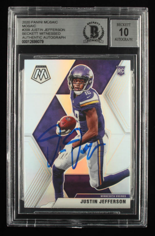 Justin Jefferson Signed 2020 Panini Mosaic #209 - Autograph Graded Beckett (BGS) 10 - Rookie Card