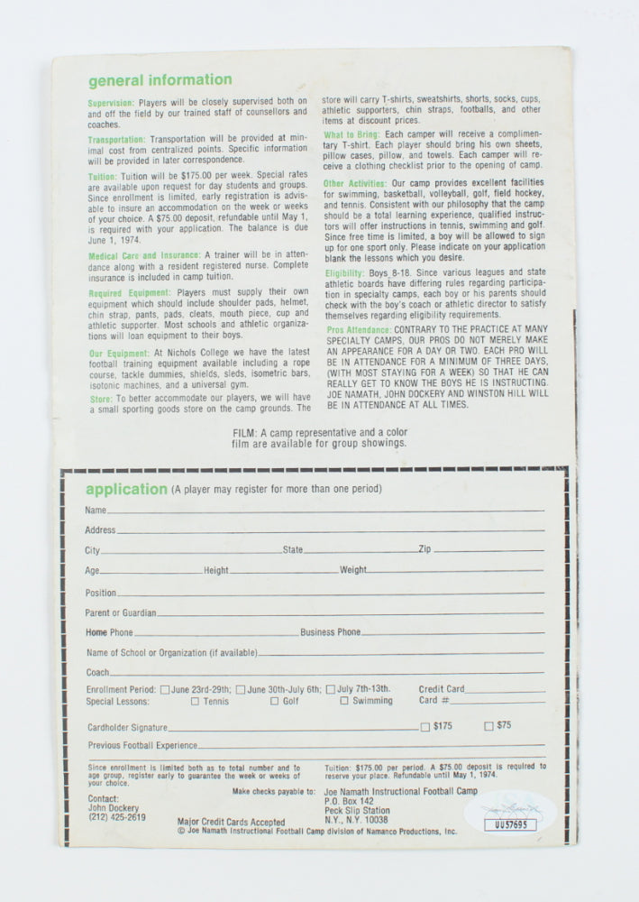 Winston Hill Signed (JSA) 1974 Joe Namath Instructional Football Camp Program