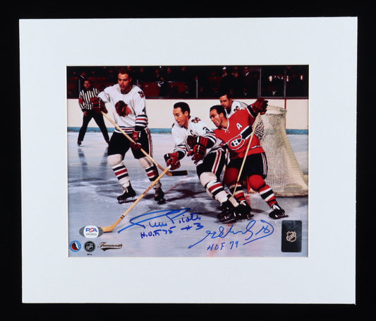 Henri Richard & Pierre Pilote Signed (PSA) 11.5x13 Custom Matted Photo Display Inscribed "H.O.F 75" & "H.O.F 79"