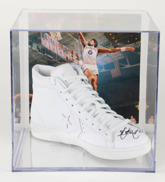 Julius "Dr. J" Erving Signed (PSA) Converse Leather Basketball Shoe with Photo Display Case