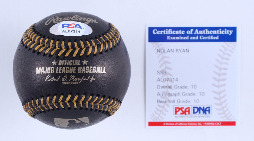 Nolan Ryan Signed (PSA) OML Black Leather Baseball Inscribed "The Ryan Express" w/ Display Case - Overall Grade 10 | Auto Grade 10 | Baseball Grade 10