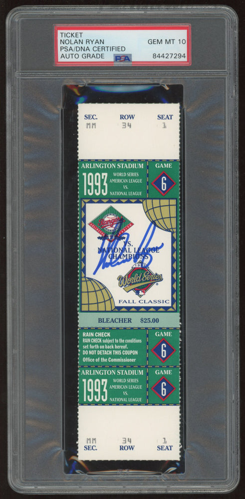 Nolan Ryan Signed 1993 World Series Ticket - Autograph Graded PSA 10