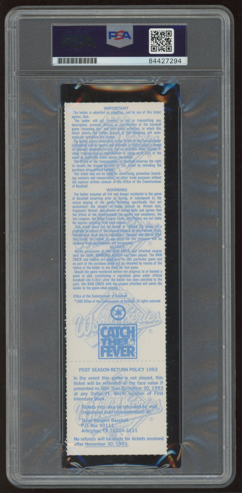 Nolan Ryan Signed 1993 World Series Ticket - Autograph Graded PSA 10