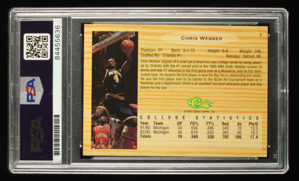 Chris Webber Signed 1993 Classic #1 (PSA) - Rookie Card