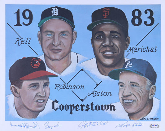 Cooperstown 1983 Hall of Fame Induction 13.5x17 Lithograph Signed (PSA) by (4) with Walter Alston, George Kell, Juan Marichal & Brooks Robinson