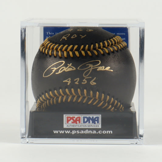 Pete Rose Signed OML Black Leather Baseball with Multiple Inscriptions & Display Case (PSA - Graded 10) Overall Grade 10 / Autograph Grade 10 / Baseball Grade 10