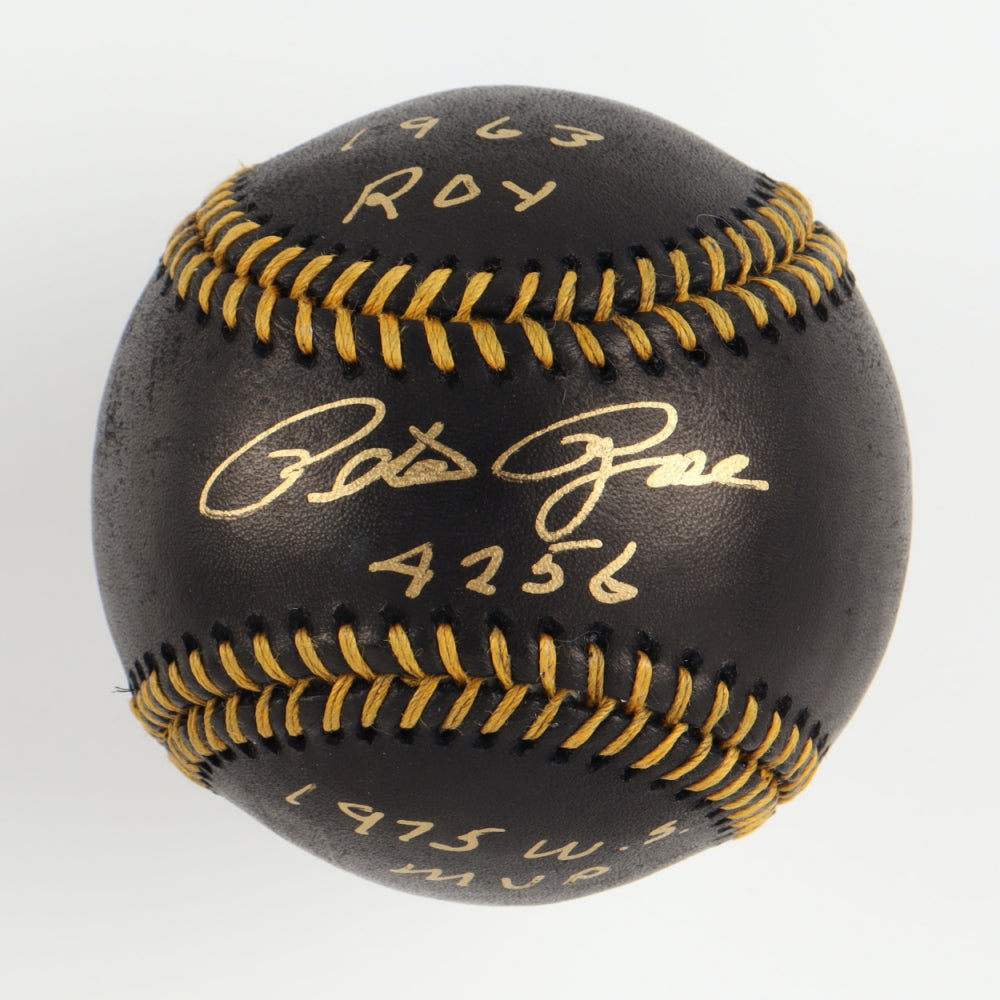 Pete Rose Signed OML Black Leather Baseball with Multiple Inscriptions & Display Case (PSA - Graded 10) Overall Grade 10 / Autograph Grade 10 / Baseball Grade 10