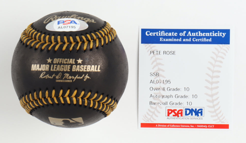 Pete Rose Signed OML Black Leather Baseball with Multiple Inscriptions & Display Case (PSA - Graded 10) Overall Grade 10 / Autograph Grade 10 / Baseball Grade 10