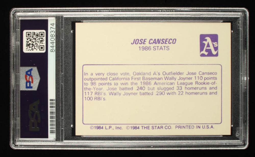 Jose Canseco Signed 1987 Star Award Winners #2 1986 Stats (PSA)