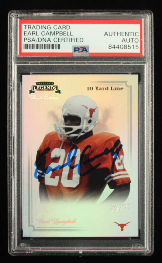 Earl Campbell Signed 2008 Press Pass Legends Bowl Edition 10 Yard Line Holofoil #3 - Serially Numbered #29 / 75 (PSA)