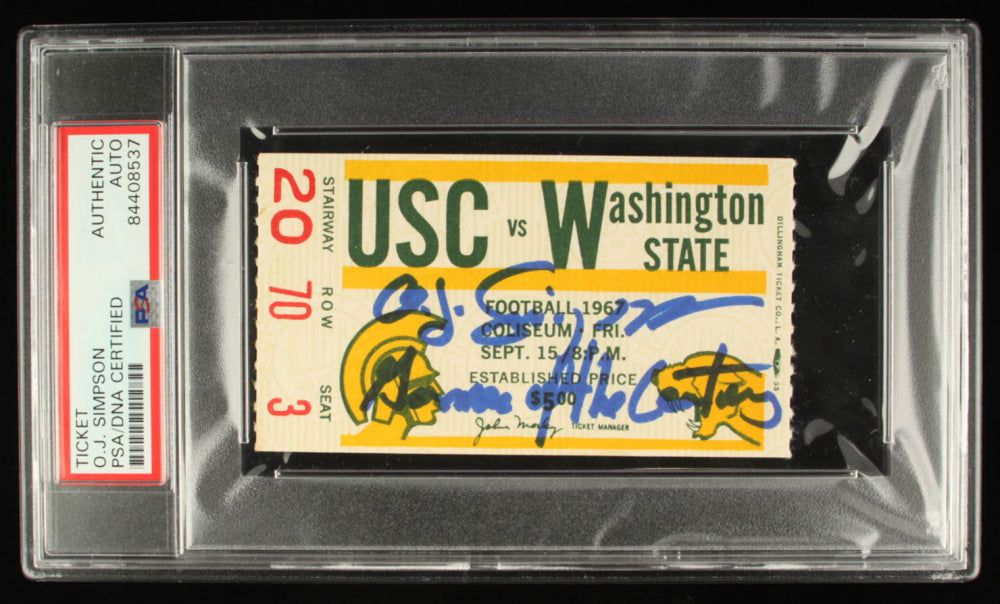 O. J. Simpson Signed 1967 Game Ticket Inscribed "Game Of The Century" (PSA) - O.J. Simpson’s NCAA debut game