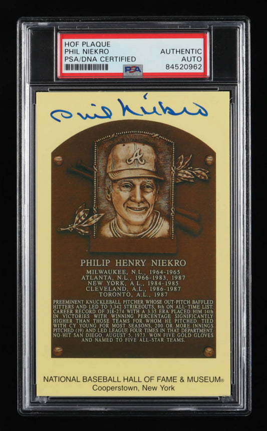 Phil Niekro Signed Hall of Fame Plaque Postcard (PSA)