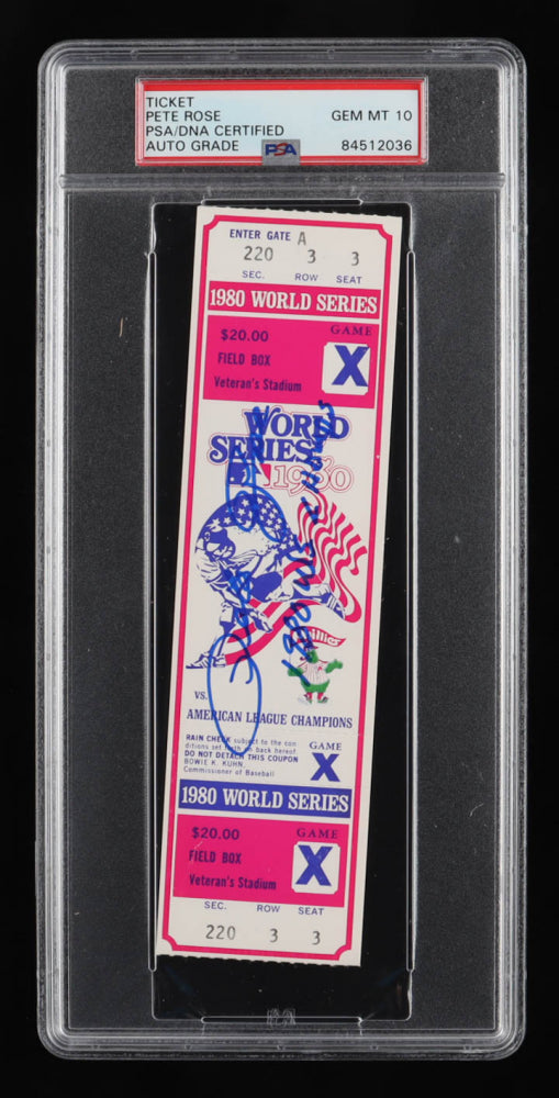 Pete Rose Signed 1980 World Series Ticket Inscribed "1980 W.S. Champs" - Autograph Graded PSA 10 - Phantom Ticket