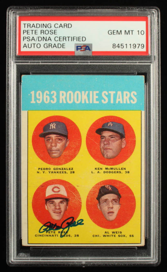 Pete Rose Signed 1963 Topps #537 Rookie Stars/Pedro Gonzalez RC/Ken McMullen RC/Al Weis RC/Pete Rose - Autograph Graded (PSA) 10 - Rookie Card