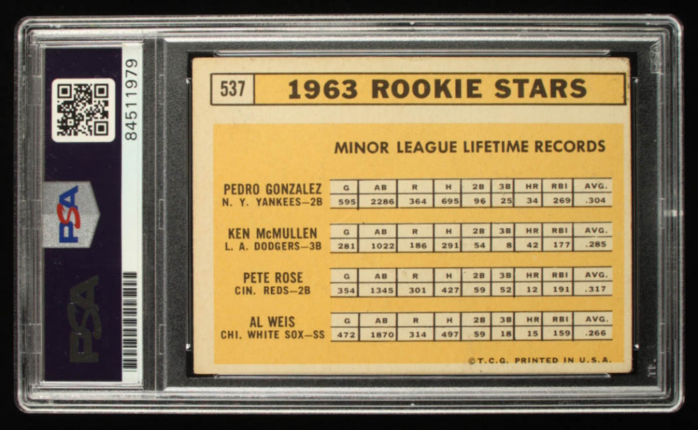 Pete Rose Signed 1963 Topps #537 Rookie Stars/Pedro Gonzalez RC/Ken McMullen RC/Al Weis RC/Pete Rose - Autograph Graded (PSA) 10 - Rookie Card