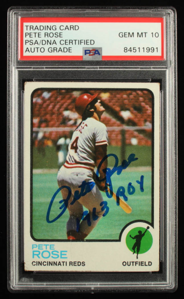 Pete Rose Signed 1973 Topps #130 Inscribed "1963 ROY" - Autograph Graded (PSA) 10