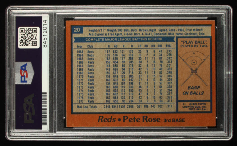 Pete Rose Signed 1978 Topps #20 DP Inscribed "4256" (PSA)