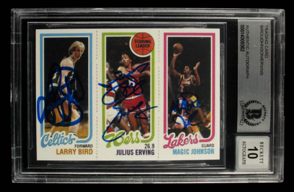 Larry Bird, Julius Erving & Magic Johnson Signed 1980-81 Topps #6 Reprint (BGS) Autograph Graded Beckett (BGS) 10