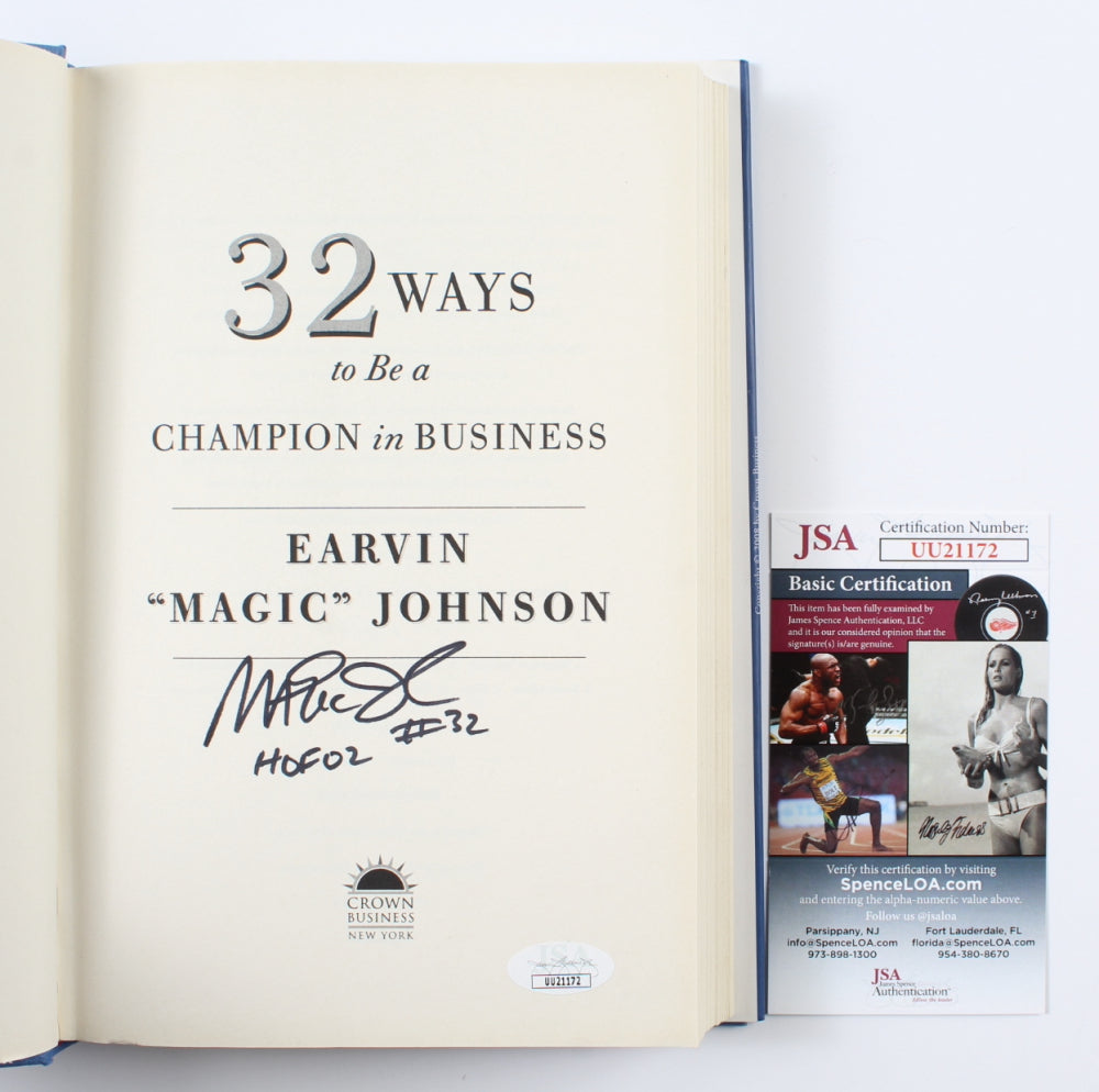 Magic Johnson Signed (JSA) "32 Ways To Be A Champion In Business" Hardcover Book Inscribed "HOF 02"