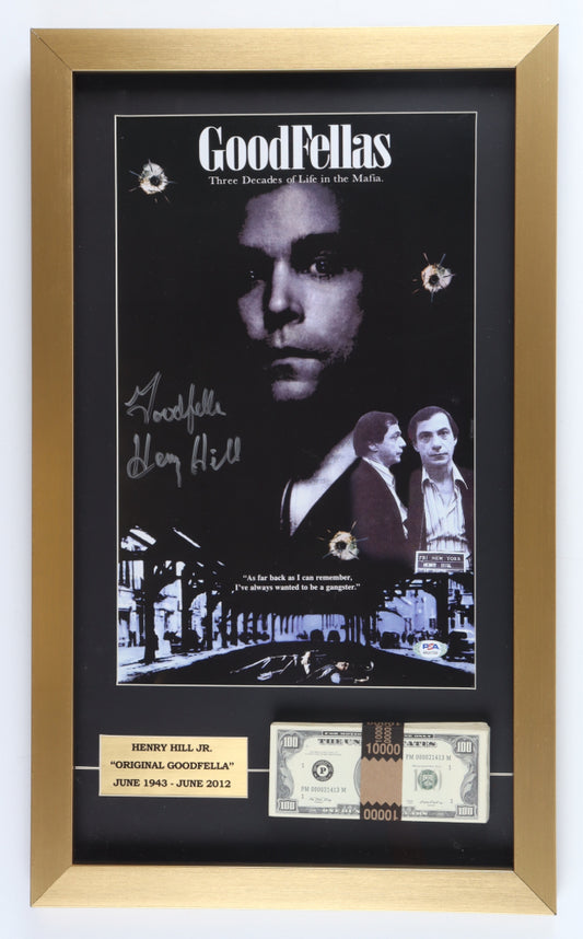 Henry Hill Signed (PSA) "Goodfellas" 15x25 Custom Framed Photo Display Inscribed "Goodfella" with Money Prop