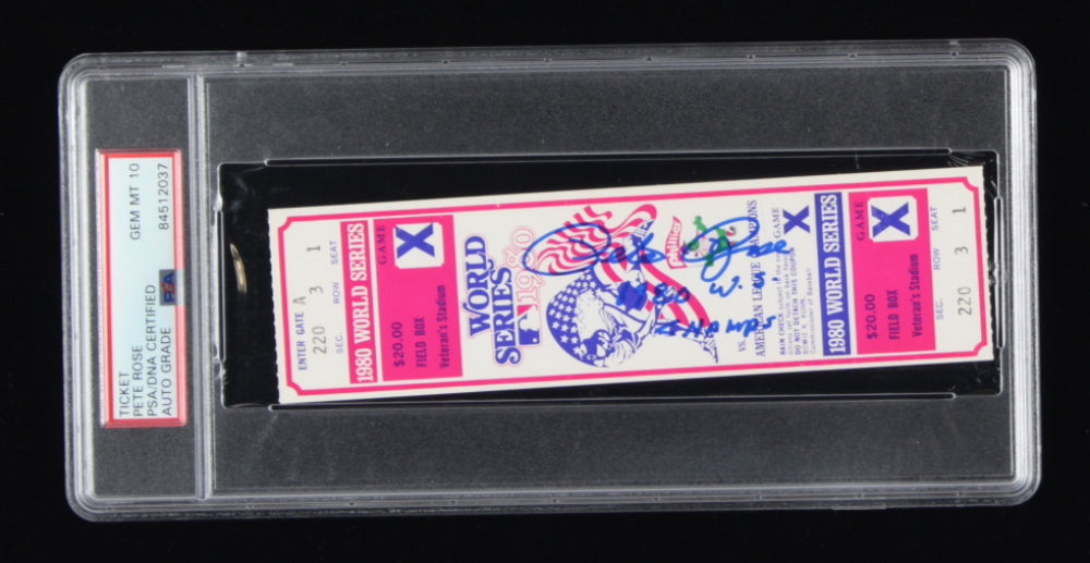 Pete Rose Signed 1980 World Series Ticket (phantom ticket) Inscribed "1980 W.S. Champs" - Autograph Graded (PSA) 10