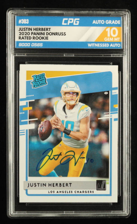 Justin Herbert Signed 2020 Donruss #303 RR RC (CPG) Rookie Card | Autograph Graded (CPG) 10 | CPG Witnessed