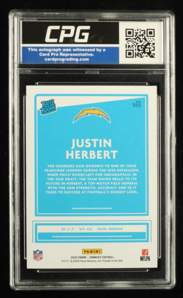 Justin Herbert Signed 2020 Donruss #303 RR RC (CPG) Rookie Card | Autograph Graded (CPG) 10 | CPG Witnessed