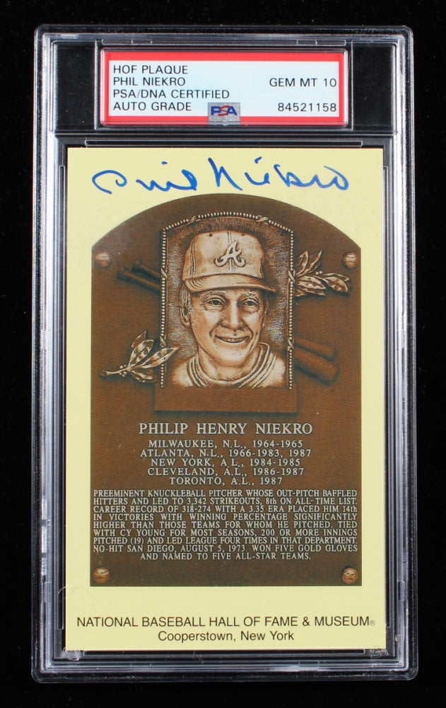 Phil Niekro Signed Hall of Fame Plaque Postcard (PSA) Autograph Graded PSA 10