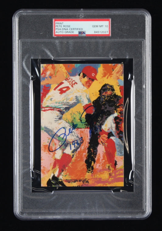 Pete Rose Signed Reds LeRoy Neiman 6x8 Art Print Inscribed "1963 ROY" - Autograph graded (PSA) 10